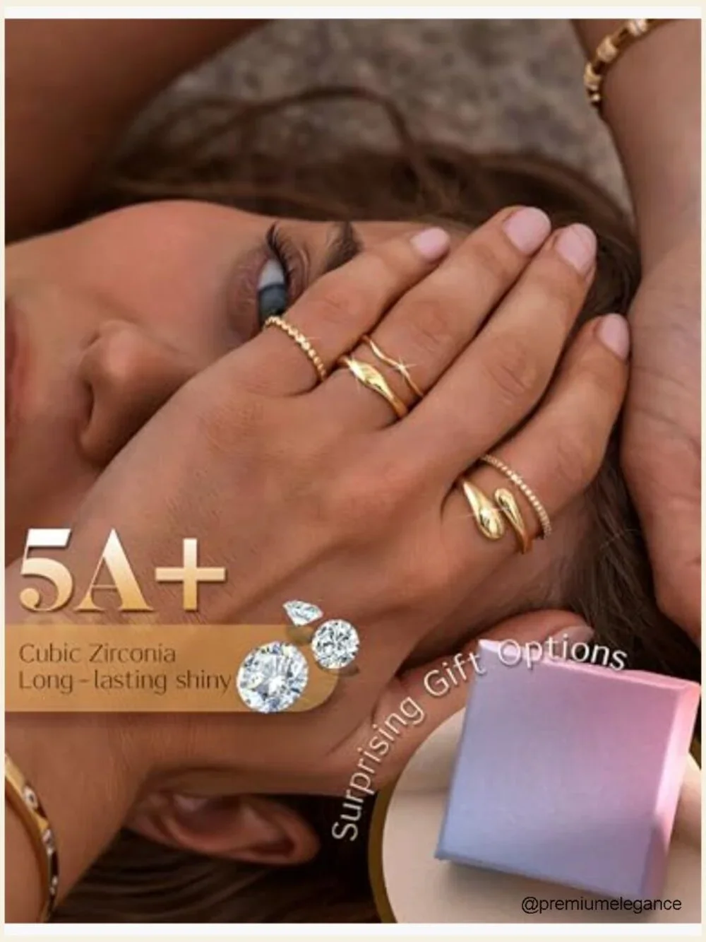 Stackable Cubic Zirconia Rings Set 14k Gold Plated Non Tarnish Chunky Gold